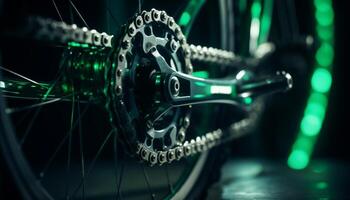 skinande metallisk cykel redskap i stänga upp rörelse, fortkörning på hjul genererad förbi ai foto