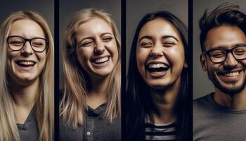 en grupp av glad, lekfull, och självsäker ung vuxna leende genererad förbi ai foto