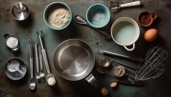 en rustik fortfarande liv av hemlagad bakning Utrustning och Ingredienser genererad förbi ai foto