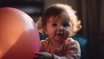 glad småbarn fira ny liv med färgrik ballonger och familj genererad förbi ai foto