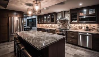 modern lyx kök design med rostfri stål apparater och marmor bänkskivor genererad förbi ai foto