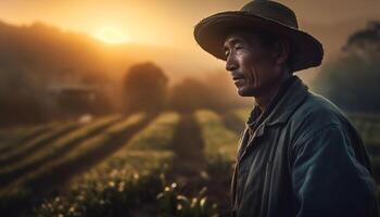 en jordbrukare stående i en lugn äng, ser bort lyckligt genererad förbi ai foto