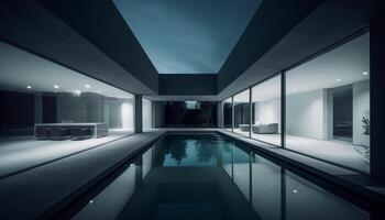 en trogen lägenhet med en blå simning slå samman reflexion försvinnande genererad förbi ai foto