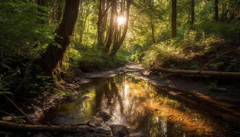 en lugn scen i de vildmark område, tillväxt av natur genererad förbi ai foto