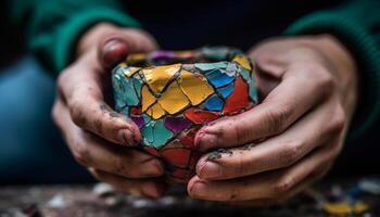 crafts skicklig hand formar mång färgad krukmakeri på verkstad hjul genererad förbi ai foto