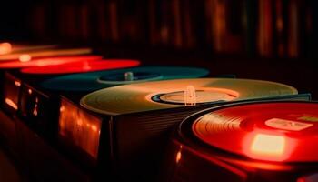 antik skivspelare snurrar gammal fashioned blå disk i nattklubb firande genererad förbi ai foto
