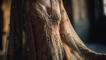 de ung kvinna silke klänning utsöndrades elegans och sensualitet genererad förbi ai foto