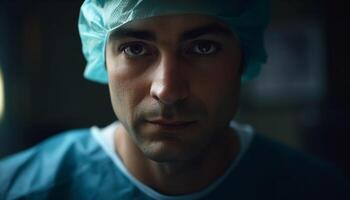 självsäker ung kirurg i blå keps och kirurgisk mask arbetssätt inomhus genererad förbi ai foto