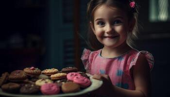 söt flicka innehav muffin, njuter ljuv mat och leende glatt genererad förbi ai foto