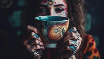 ett kvinna, leende, innehav en varm råna av kaffe inomhus genererad förbi ai foto