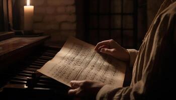 de pianist upplyst tabell hölls ark musik för klassisk musik genererad förbi ai foto