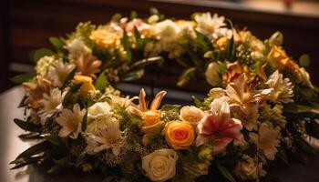 utsmyckad bukett av mång färgad blommor ger elegans till bröllop firande genererad förbi ai foto