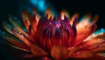 vibrerande gerbera daisy blomma i mjuk fokus på våt blad genererad förbi ai foto