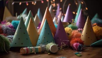 vibrerande färger belysa de glad firande med dekorationer och konfetti genererad förbi ai foto