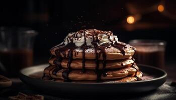 stack av hemlagad pannkakor med choklad sirap och färsk bär genererad förbi ai foto