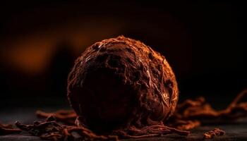 gourmet choklad boll på trä- tabell, omgiven förbi höst löv genererad förbi ai foto