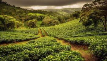 grön te löv växa på terrasserad fält i cameron highlands genererad förbi ai foto