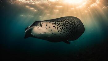 majestätisk däggdjur simning Nedan blå hav, endangered delfin äventyr genererad förbi ai foto