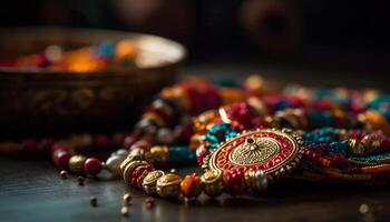 färgrik indisk Smycken pryder handleder och halsar i traditionell firande genererad förbi ai foto