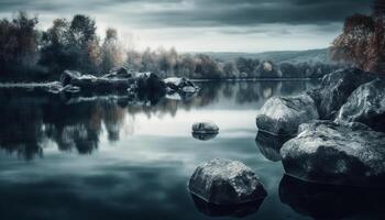 lugn scen av reflexion på de våt höst skog golv genererad förbi ai foto