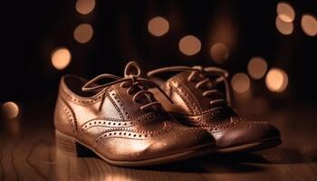 skinande läder sporter sko på svart bakgrund med spets fästanordning genererad förbi ai foto