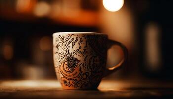 rustik kaffe kopp på trä- tabell ger värme och avslappning genererad förbi ai foto