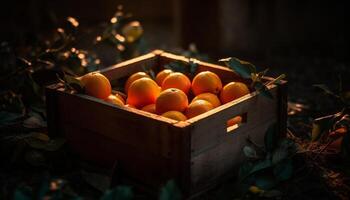mogen mandariner i trä- spjällåda, en uppfriskande smak av sommar genererad förbi ai foto