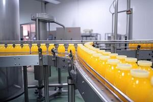 flaskor av orange juice på transportband bälte i modern dryck fabrik, frukt juice fabrik produktion linje med dryck, ai genererad foto