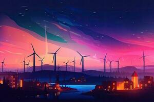 vind turbiner på de bakgrund av de natt landskap. illustration. vind turbiner alstrande elektricitet i en mörk natt, ai genererad foto