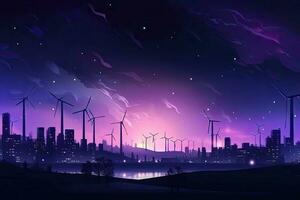 illustration av de stadsbild med vind turbiner i de natt. vind turbiner alstrande elektricitet i en mörk natt, ai genererad foto