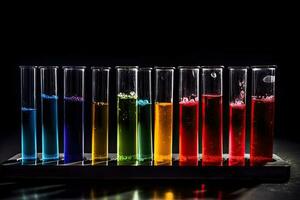 laboratorium glas med färgrik flytande på svart bakgrund. forskning och utveckling begrepp. vetenskap laboratorium testa rör fylld med färgrik rör, ai genererad foto