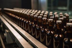 flaskor av öl på transportband bälte i fabrik, närbild, öl flaskor på en bryggeri transportband produktion linje, ai genererad foto
