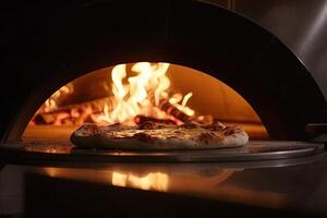pizza i de ugn med en brand i de bakgrund. restaurang, kockar framställning en pizza stänga upp i en pizza ugn med brand, ai genererad foto