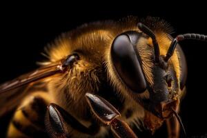 makro av en bi på en svart bakgrund. grund djup av fält. stänga upp av en bi samlar honung, ai genererad foto