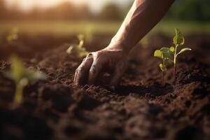 mänsklig hand plantering plantor i bördig jord på solnedgång, lantbruk begrepp, närbild av en jordbrukare händer plantering träd, ai genererad foto