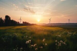solnedgång över en fält med vind turbiner i de bakgrund. landskap. ekologisk vind turbiner på en grön fält, ai genererad foto