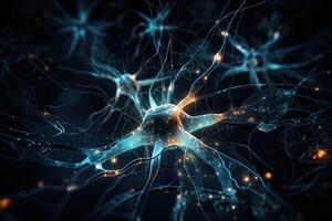 3d illustration av nervcell cell, neuroner, nervös systemet, dator genererad bilder, elektrisk energi strömmande genom neuroner celler, ai genererad foto
