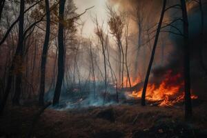 skog brand i de höst skog. de begrepp av naturlig katastrof. skog brand med träd på brand brandmän påfrestande till sluta de brand, ai genererad foto