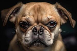 porträtt av en renrasig hund, en franska bulldogg. rolig hund äcklad ansikte stänga upp, ai genererad foto