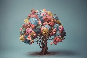 blomma träd på blå bakgrund. 3d framställa. vår begrepp, träd med blommor själv vård och mental hälsa, ai genererad foto
