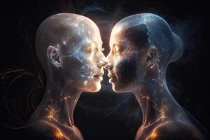 3d återges illustration av en manlig och kvinna ansikte i en virtuell Plats, mänsklig själar par i kärlek. astral kropp esoterisk, ai genererad foto