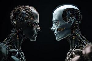 3d tolkning av två robot huvuden på svart bakgrund, artificiell intelligens begrepp, mänsklig mot artificiell intelligens, ai genererad foto
