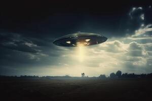 flygande fat över de fält på natt. UFO i de himmel. 3d tolkning, invasion av utomjordisk. utomjording bortförande, ai genererad foto