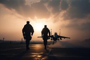 silhuett av soldater stående på de bana under de solnedgång. militär piloter är gående på en ta av jord, ai genererad foto