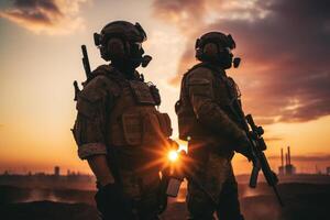 förenad stater marin kår särskild krafter soldater i full redskap på solnedgång. militär soldater stående på en skön solnedgång, ai genererad foto
