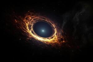 stjärnor av en planet och galax i en fri Plats. 3d tolkning, en monster svart hål lysande i djup Plats, ai genererad foto