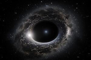 svart hål i de yttre Plats med stjärnor och galaxer. 3d tolkning, en monster svart hål lysande i djup Plats, ai genererad foto