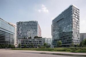 modern kontor byggnader i de stad Centrum av frankfurt am huvud, Tyskland, modern verklig egendom byggnader och kontor i de urban område, ai genererad foto