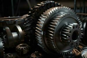 3d illustration av redskap hjul, stänga upp. industriell bakgrund, realistisk industriell motor redskap och hjul, ai genererad foto