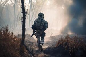 förenad stater Marin särskild krafter soldat i verkan under en taktisk drift på en skog brand, soldat gående genom en rökig krig fält, ai genererad foto